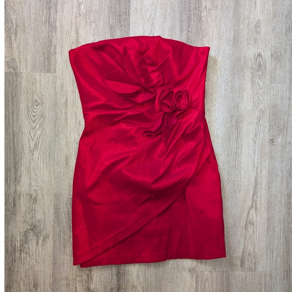 VTG Y2K Jessica McClintock Red Satin Strapless Rosette Cocktail Dress Size 12